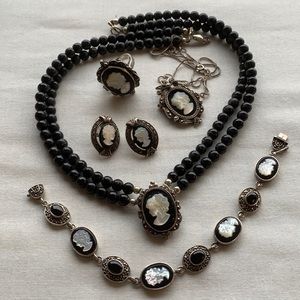 Cameo set 925 black onyx 5 pc ring brooch bracelet